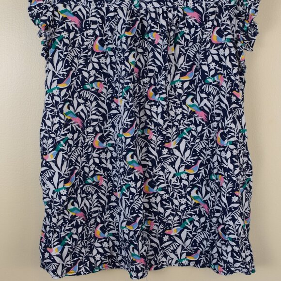LOFT Navy Tropical Bird Print Ruffle Bright Blouse Summer Spring Lightweight - M - Picture 6 of 12